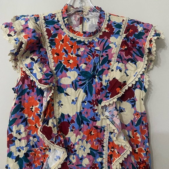Karlie Floral Colorful Ruffled Short Sleeve Linen Top Blouse - Picture 4 of 6